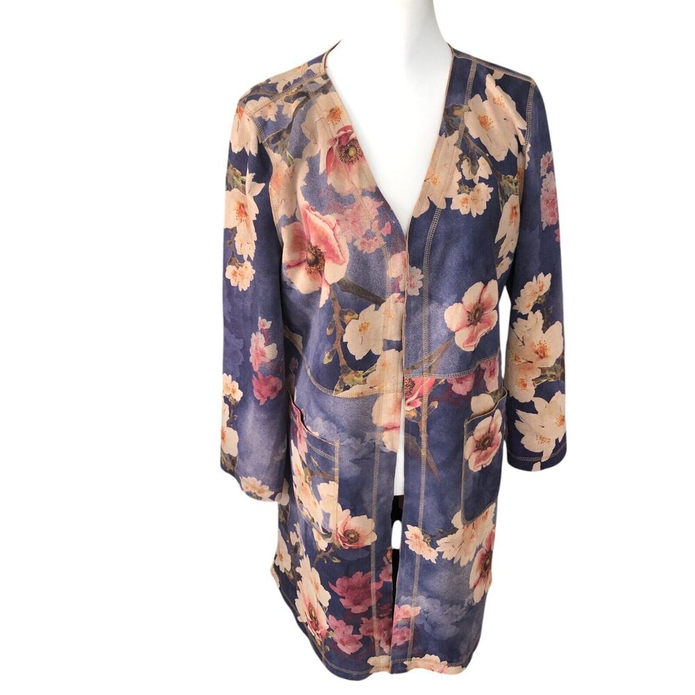Solitaire Anthropology Faux Suede Floral Boho Romantic Long Line Jacket‎ L